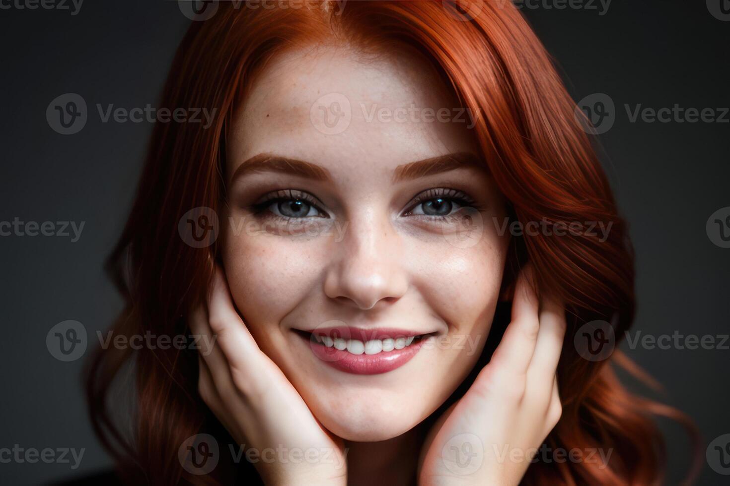 AI Generated Portrait beautiful redhead model woman with white teeth smile, healthy long hair and beauty skin on dark background. Concept of advertising dentist and facial care. Generative AI photo
