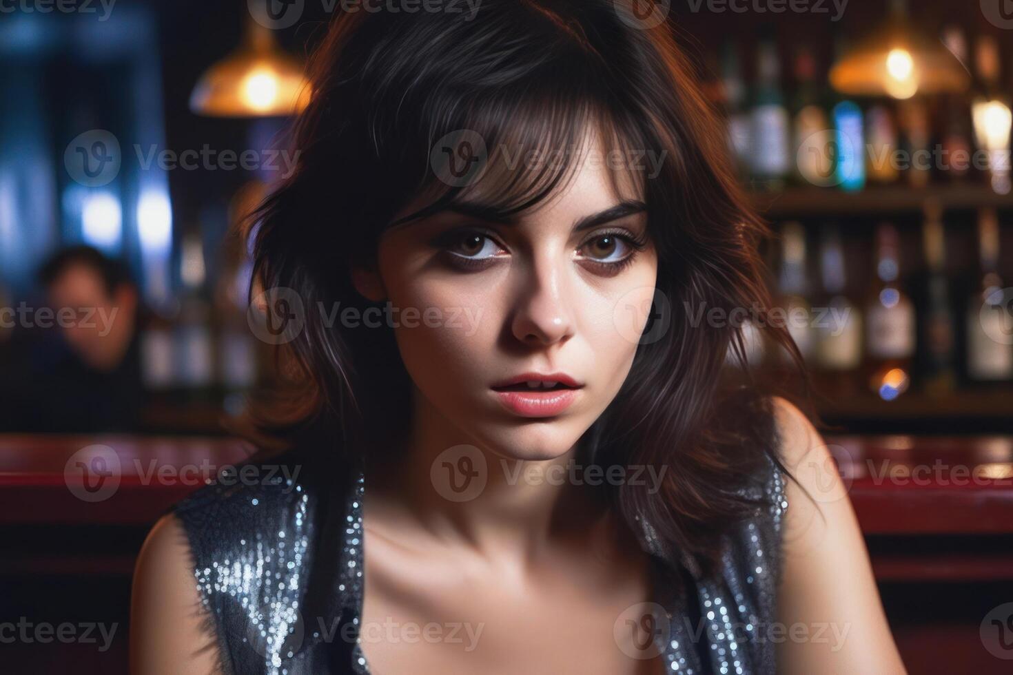 AI Generated Pretty drunk girl at the bar. Concept of alcoholism. Generative AI photo