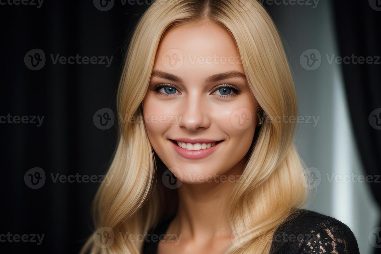 AI Generated Portrait beautiful blonde model young woman with white teeth smile, healthy long hair and beauty skin. Concept of advertising dentist and facial care. Generative AI photo