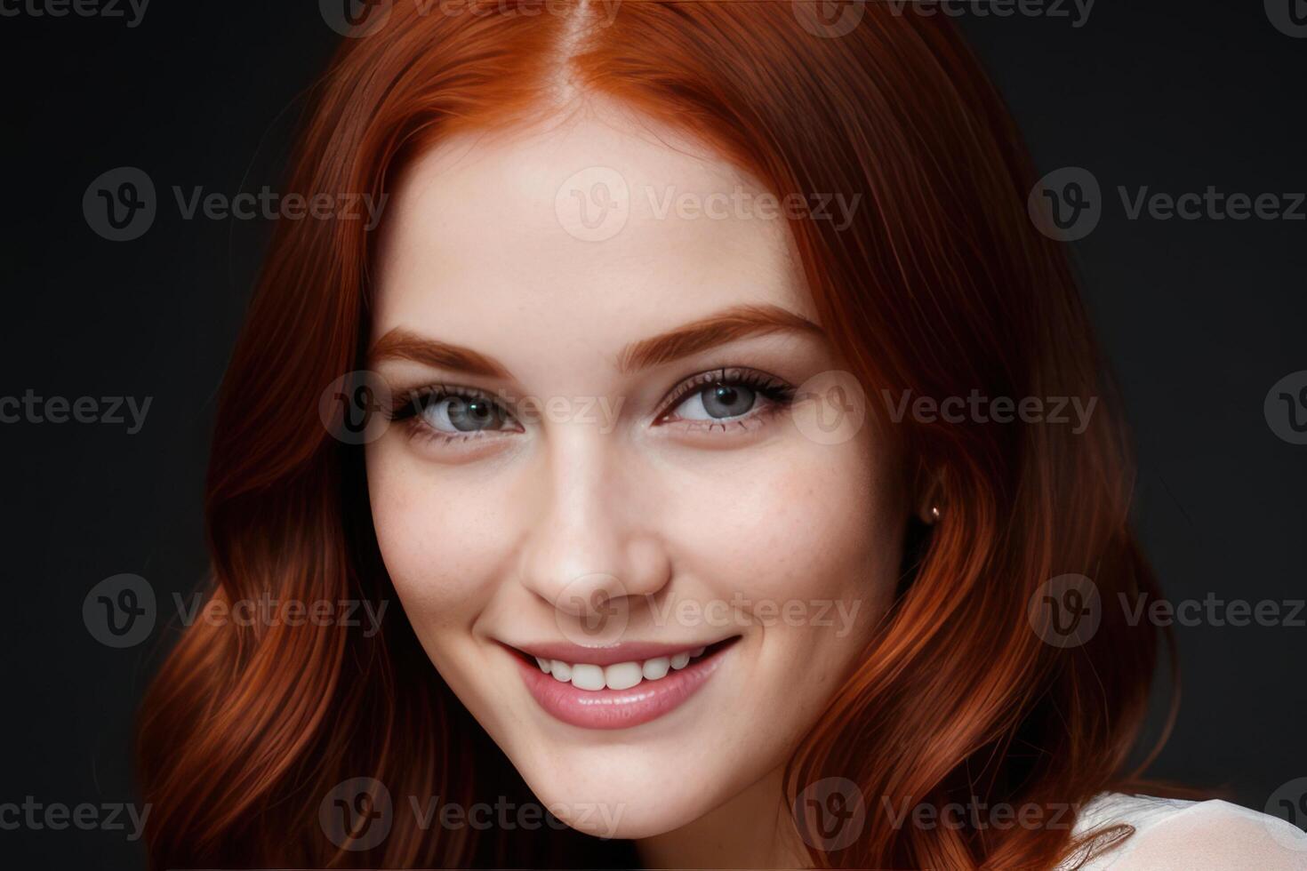 AI Generated Portrait beautiful redhead model woman with white teeth smile, healthy long hair and beauty skin on dark background. Concept of advertising dentist and facial care. Generative AI photo