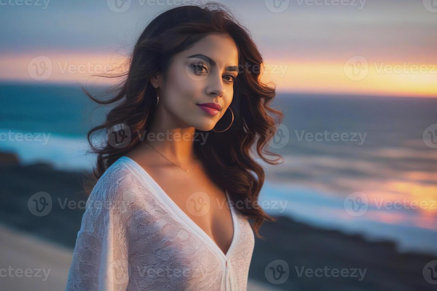 AI Generated Beautiful young smiling spanish brunette woman on sunset, sea and blue sky on the background. Generative AI photo