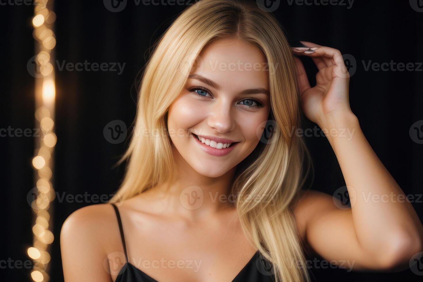 AI Generated Portrait beautiful blonde model young woman with white teeth smile, healthy long hair and beauty skin. Concept of advertising dentist and facial care. Generative AI photo