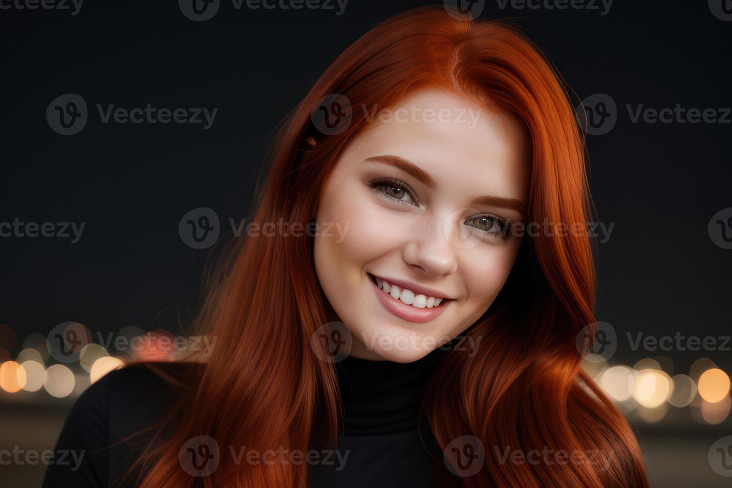 AI Generated Portrait beautiful redhead model woman with white teeth smile, healthy long hair and beauty skin on dark background. Concept of advertising dentist and facial care. Generative AI photo