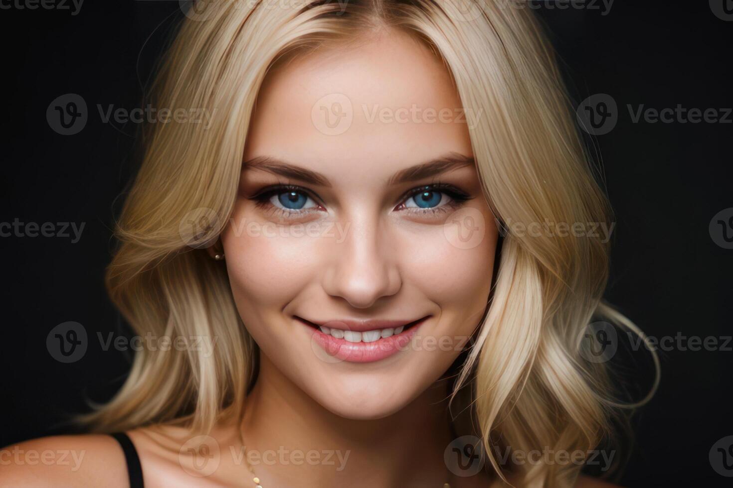 ai generado retrato hermosa rubia modelo joven mujer con blanco dientes sonrisa, sano largo pelo y belleza piel. concepto de publicidad dentista y facial cuidado. generativo ai foto