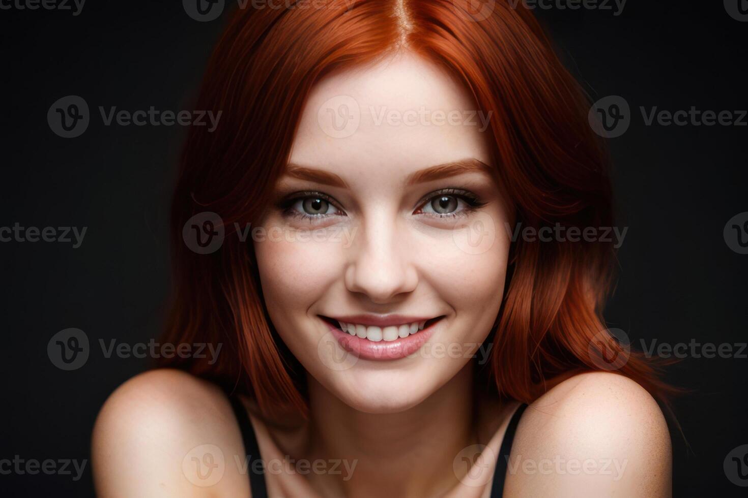 AI Generated Portrait beautiful redhead model woman with white teeth smile, healthy long hair and beauty skin on dark background. Concept of advertising dentist and facial care. Generative AI photo