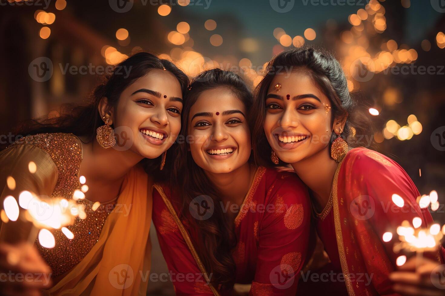 AI Generated Young beautiful Indian women at the Diwali celebration photo