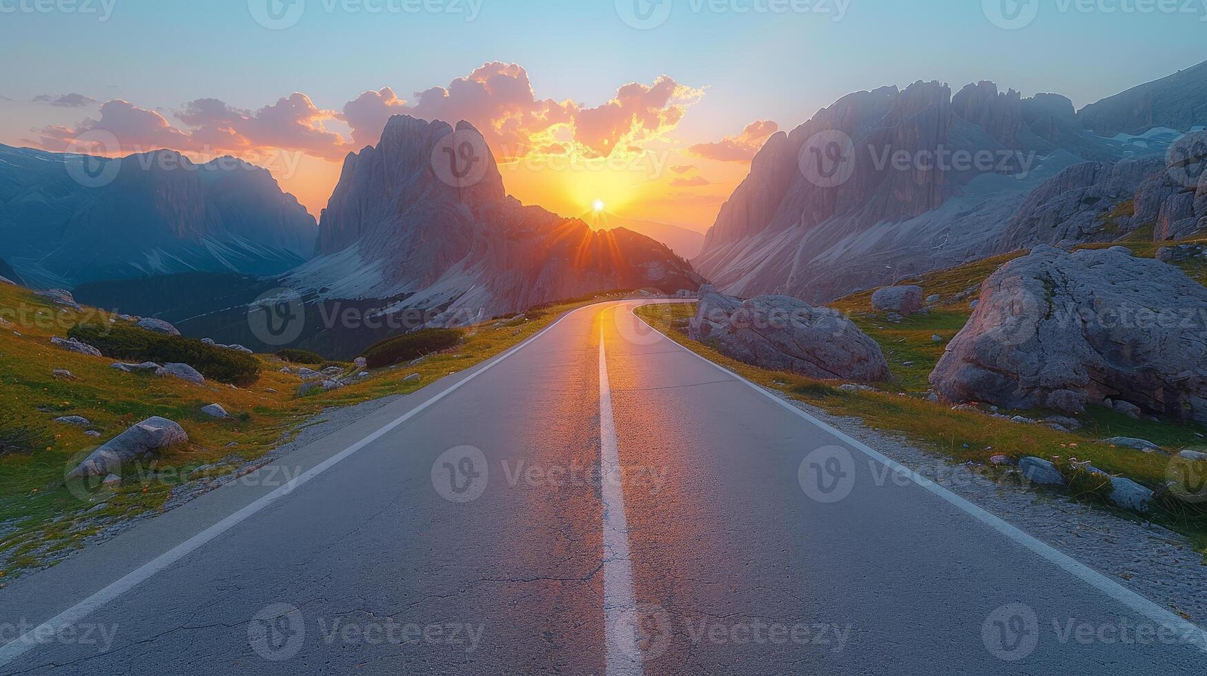 ai generado un vacío montaña pasar en primavera con un vacío autopista y un vistoso puesta de sol en el montaña lado. dolomitas, Italia. hermosa curvo calzada, rocas, piedras, azul cielo con nubes foto