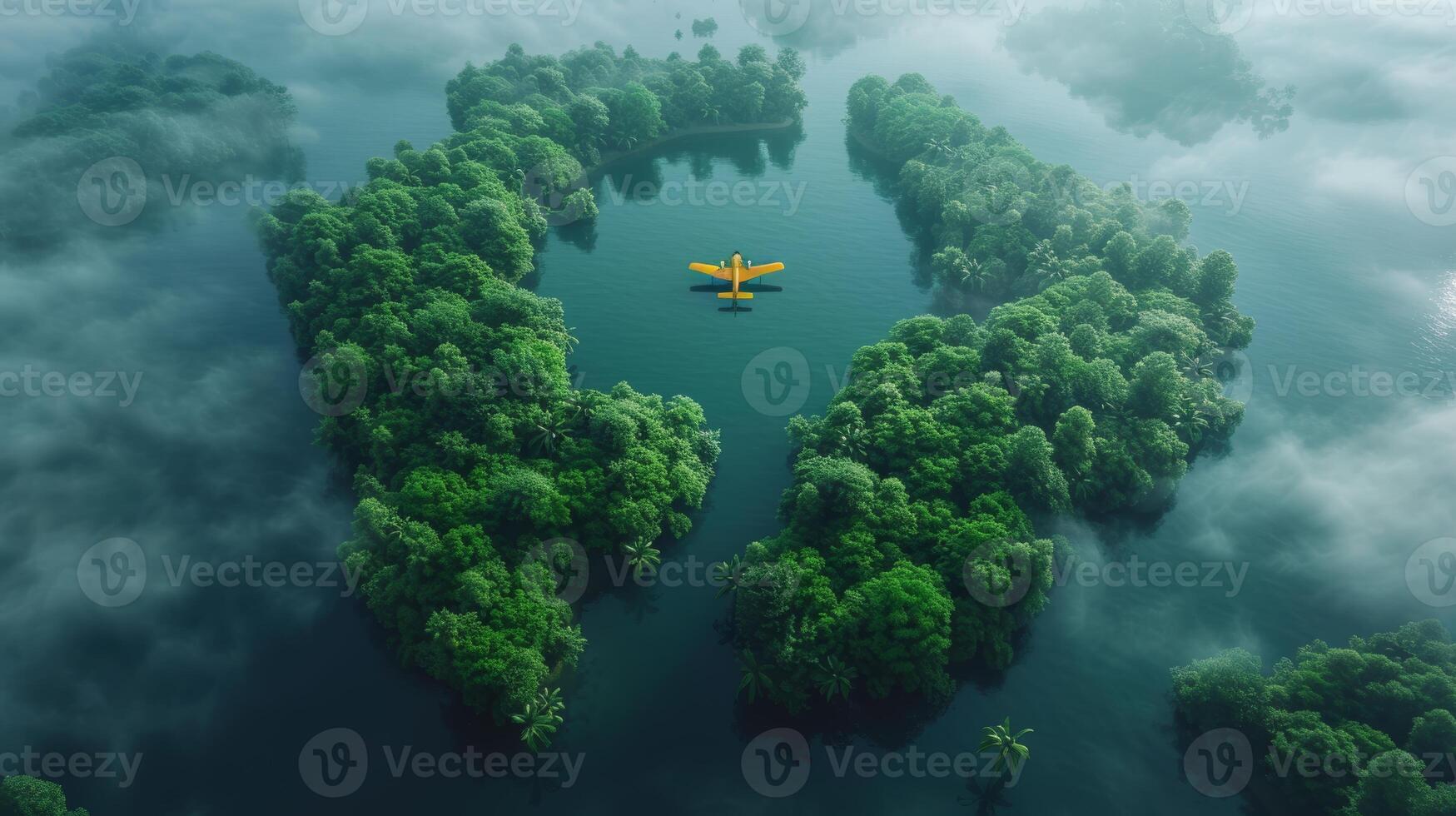 ai generado concepto de un sostenible habitat mundo. aéreo ver de denso selva vegetación con lagos conformado me gusta continentes de el mundo, nubes y uno amarillo avión. foto