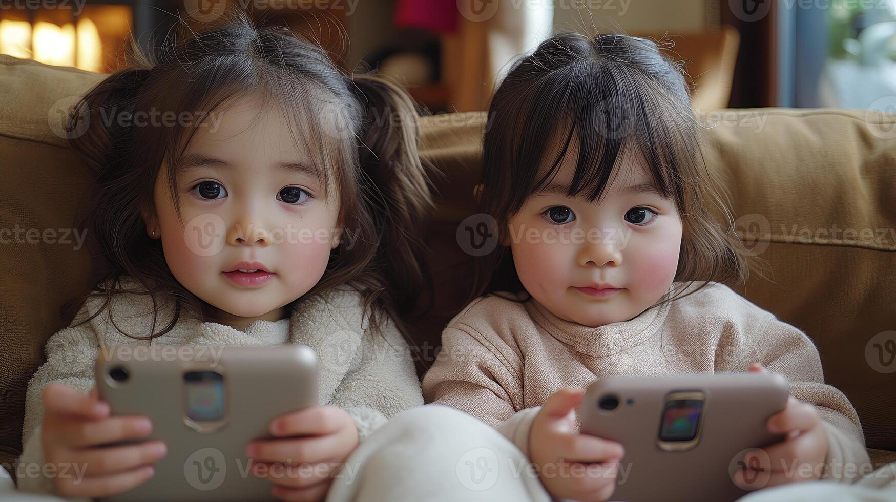 AI Generated I am Asia small kid young youtuber vlogger influencer fun live talk share class shy selfie camera online video call social media app phone screen. Happy generation Z girl sit at home photo