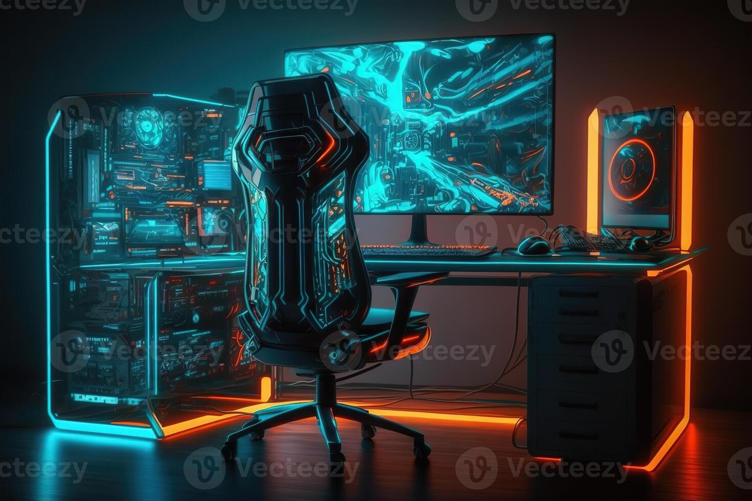 AI Generated A desktop with a computer and an armchair.Futuristic, modern illustration. Innovative technologies. Generative ai photo