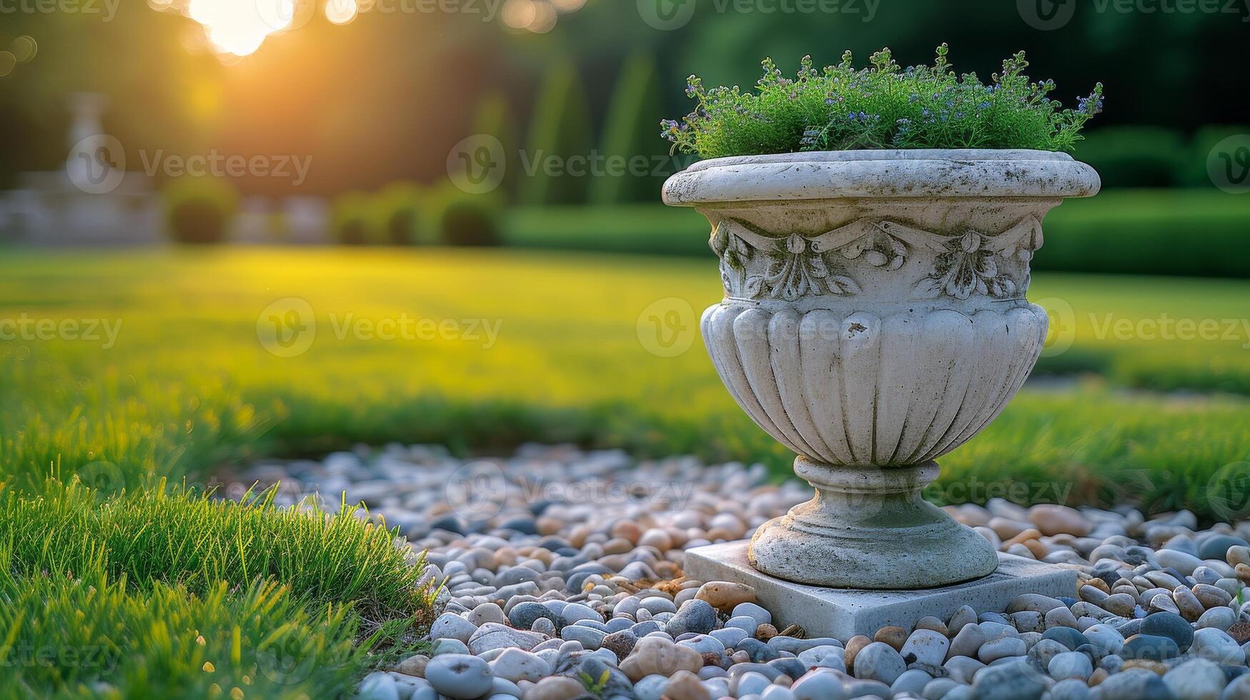 AI Generated In this photograph, plants are trimmed up in a classic style, with a select focus. The image is of high quality. photo