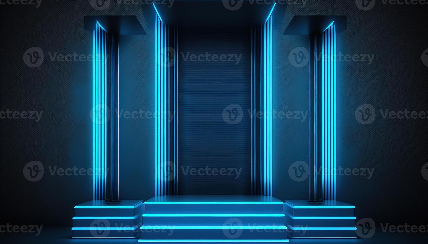 AI Generated Futuristic portal. Science fiction podium, pedestal, platform. Modern empty cyberpunk space. Technological background. Sky-fi digital hi-tech elements for presentation product. AI photo