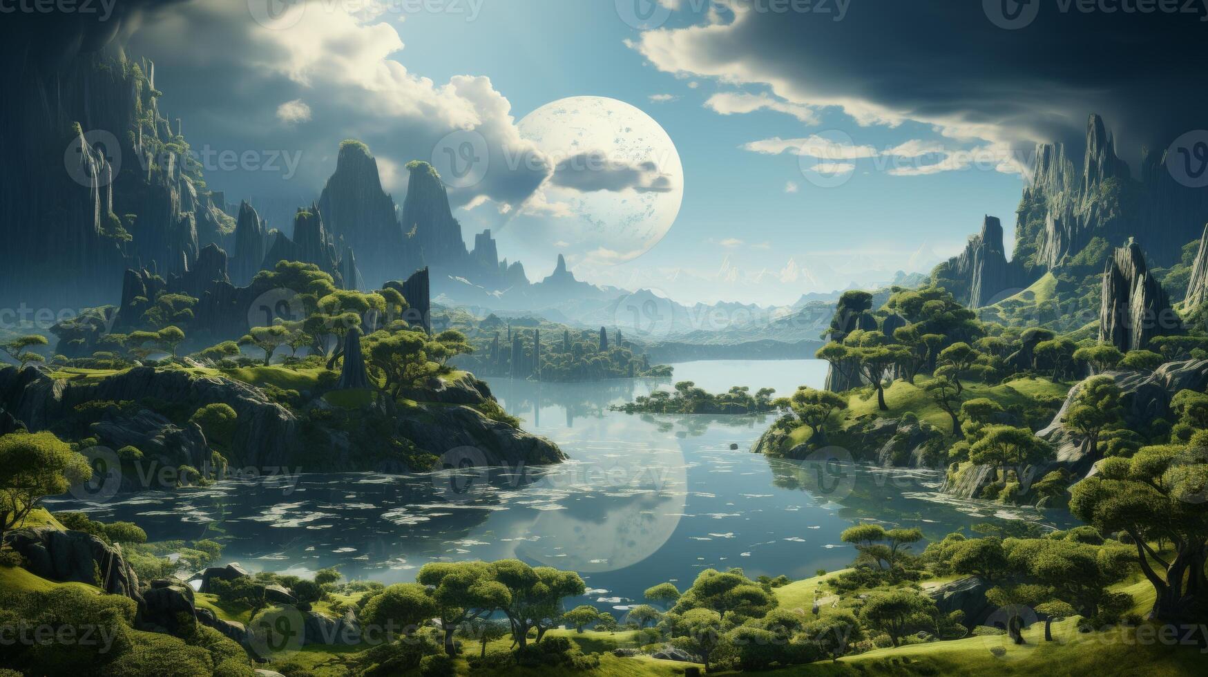 AI Generated A magical land with beautiful landscape, green grass, waterfalls, mountains, and a lake. A 3D illustration of a floating forest island isolated with clouds. Scenic landscapes with rivers photo