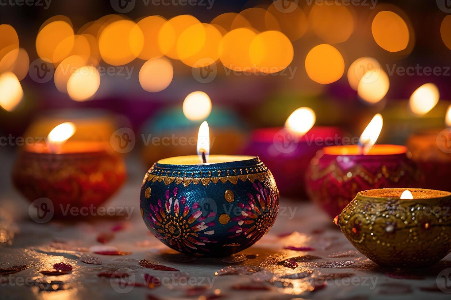 AI Generated A group of decorative Indian Diwali lamps photo