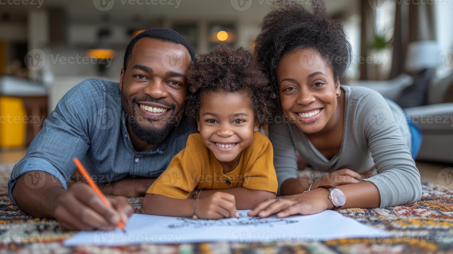 AI Generated In the living room, little boys and girls were playing drawing together on the floor with their parents relaxing on the sofa, the parents were enjoying leisure time in the living room photo