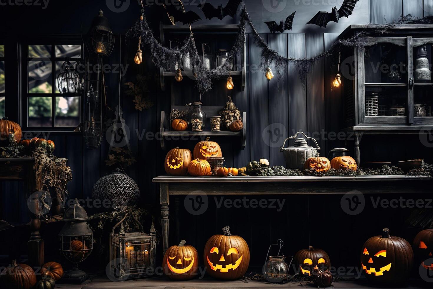 AI Generated A room decorated for Halloween with festive attributes. photo