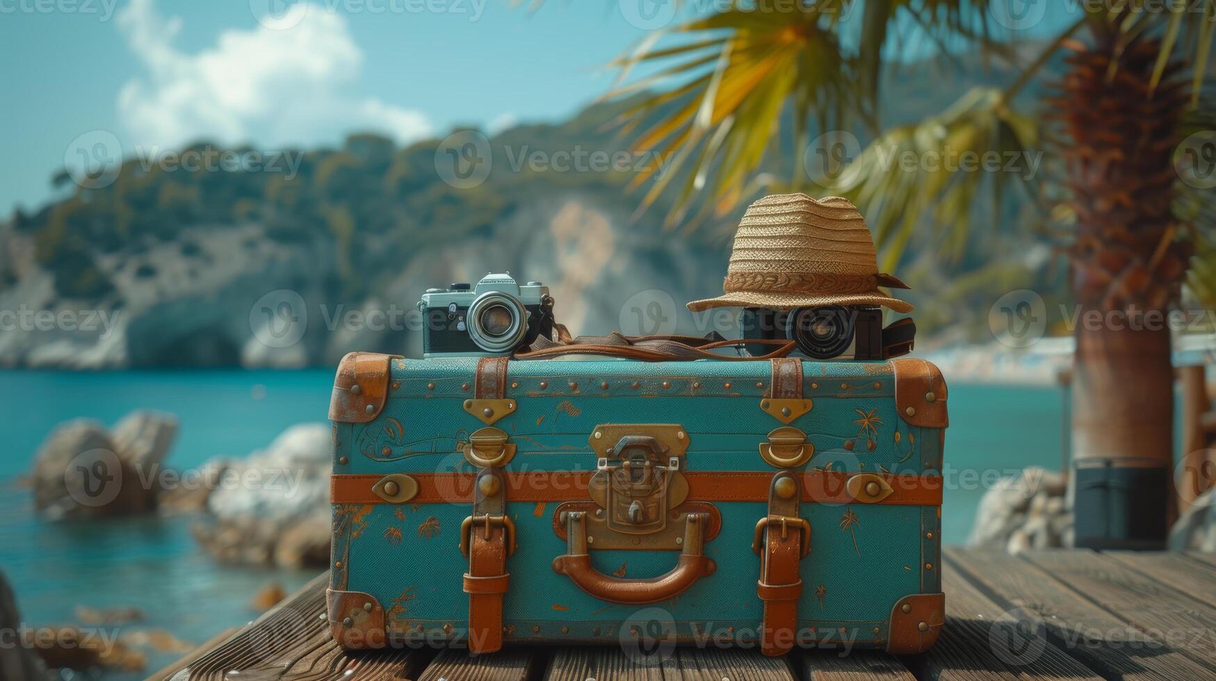 AI Generated In the background, there is a tropical sea, a beach and a palm three. A summer holiday traveling design banner with copyspace features a vintage suitcase, hipster hat, camera and passport photo