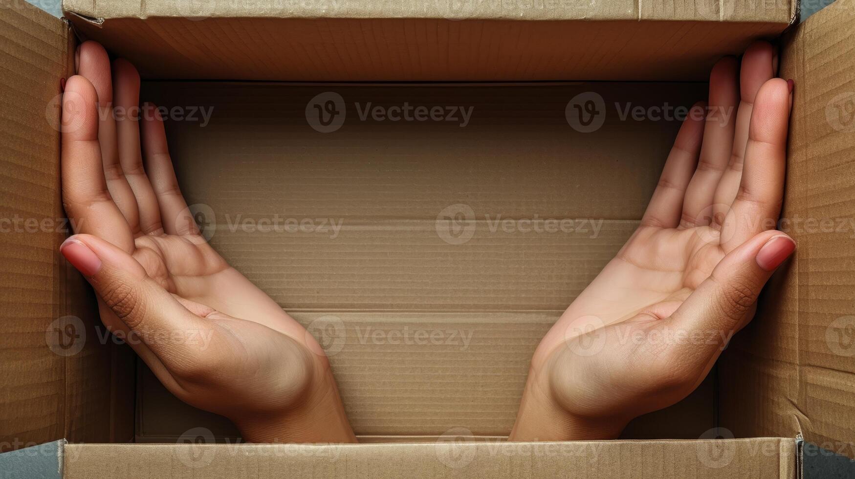 AI Generated Blank cardboard box with hands on light background photo