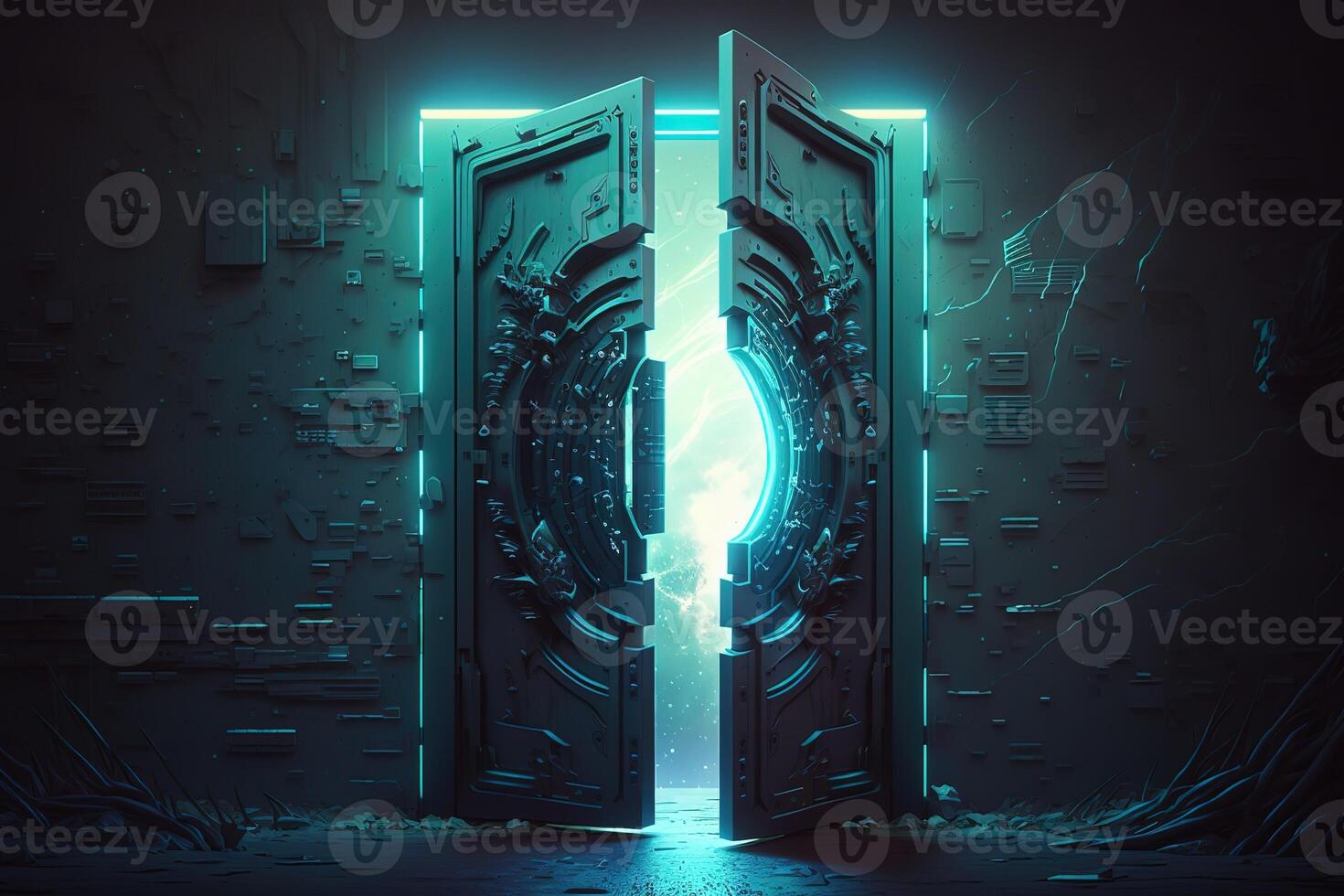 AI Generated Futuristic door in cyber space.Futuristic, modern illustration. Innovative technologies. Generative ai photo