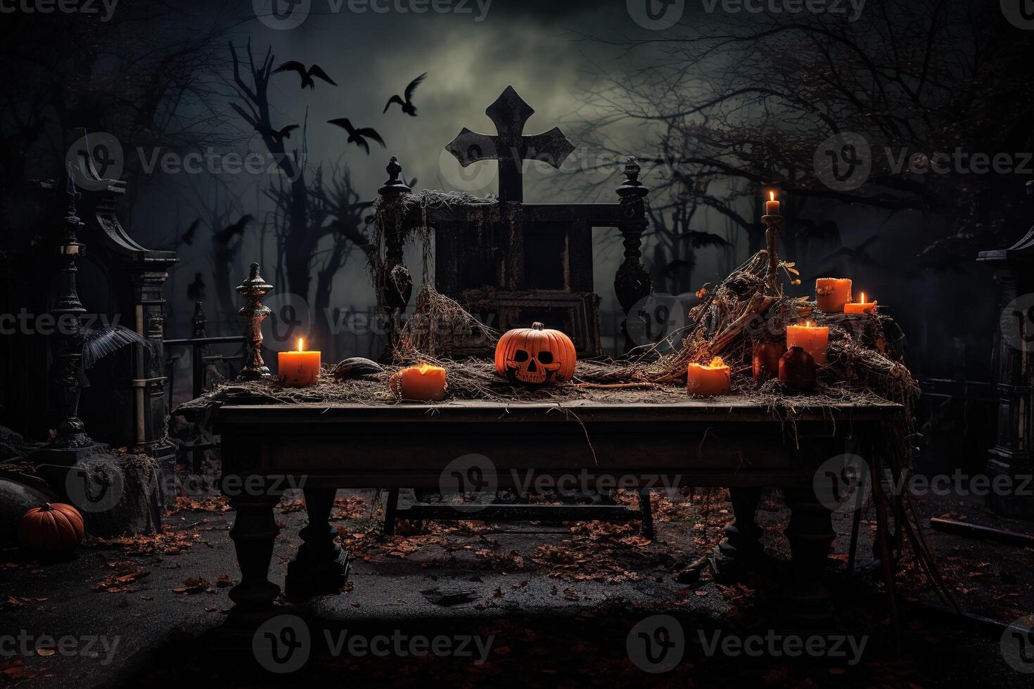 AI Generated Halloween concept, gloomy forest and cemetery photo