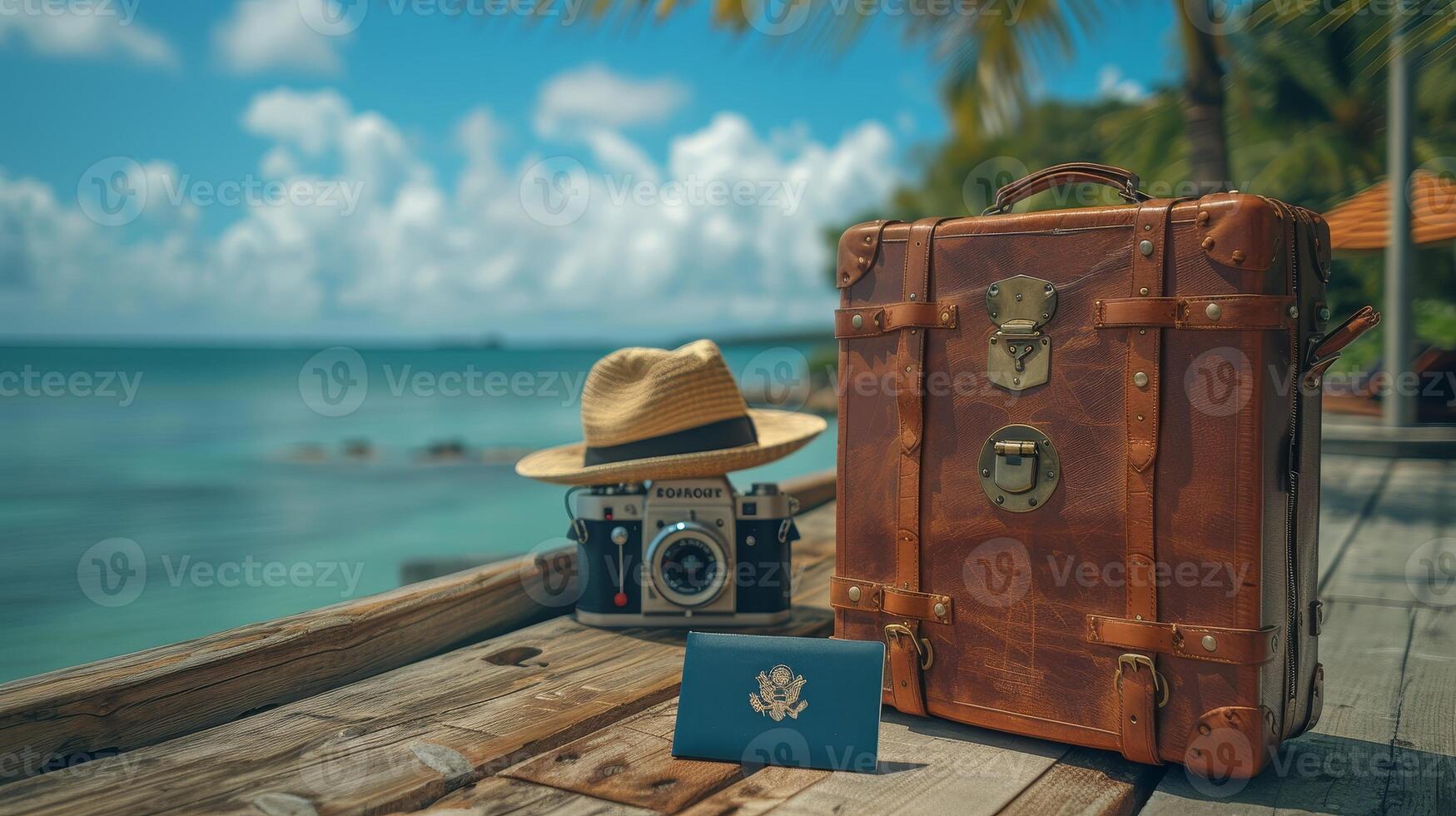 ai generado en el fondo, un tropical mar, playa, y palma árbol son visto en un de madera cubierta. verano vacaciones concepto diseño bandera con Copiar espacio presentando un Clásico maleta, hipster sombrero, foto