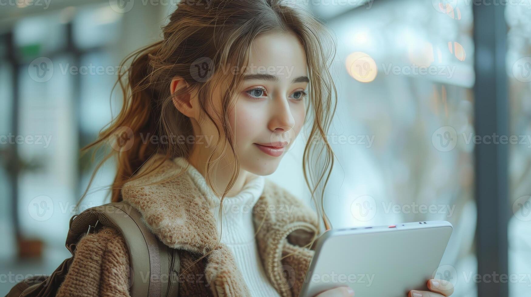 AI Generated An image of a smiling young woman holding a digital tablet on her lap while using a tab computer standing against a white background advertising online education on smart technology, in a photo