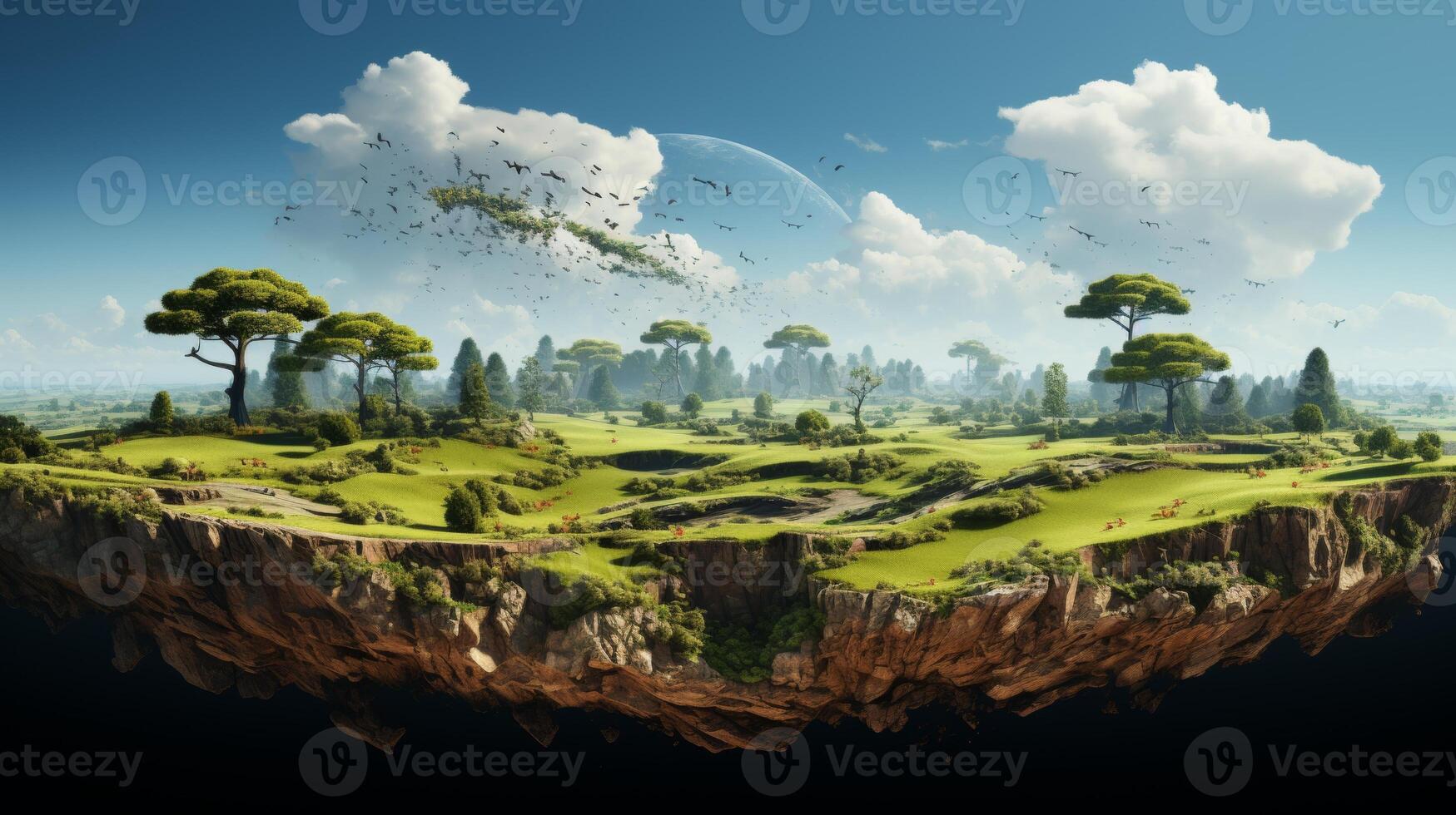 AI Generated The grass is floating, with soil on one side and a cloudy sky on the other. 3D rendered, a grass field with clouds flying in the air. photo