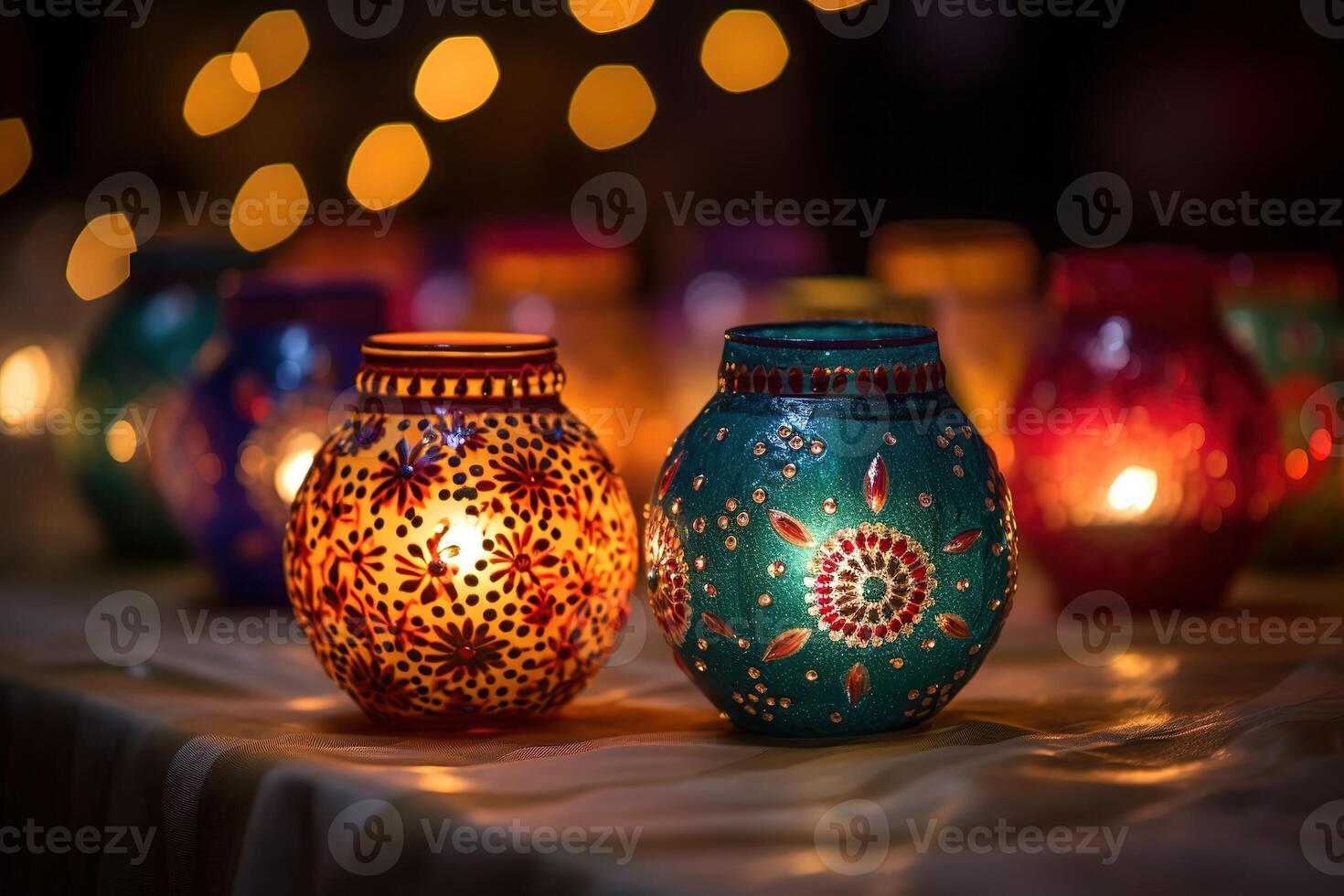 AI Generated Happy Diwali - Colorful clay diya lamps lit during diwali celebration with copy space photo