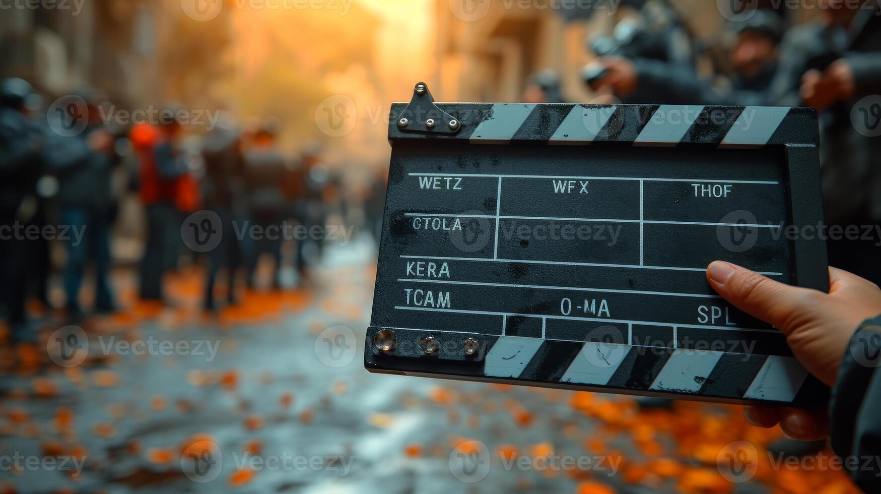 AI Generated Handwriting on a slate or clapperboard. Film crew in the studio working. photo