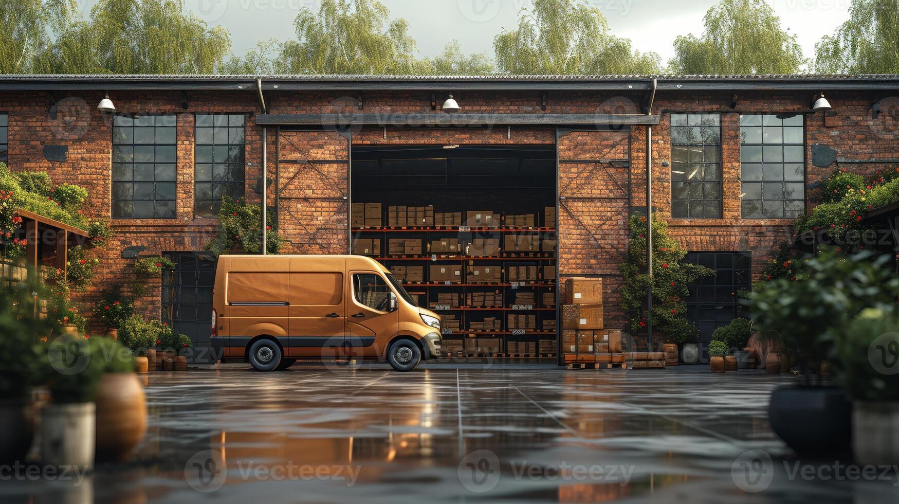 AI Generated A delivery van loaded with cardboard boxes stands outside a logistics warehouse. Online orders, purchases, e-commerce goods, wholesale merchandise are delivered from the truck. photo