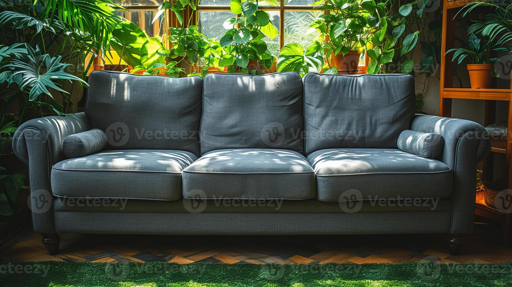 AI Generated An elegant gray sofa with lush green trees and grassy lawn is placed on a sunny summer day in a garden in the house. photo