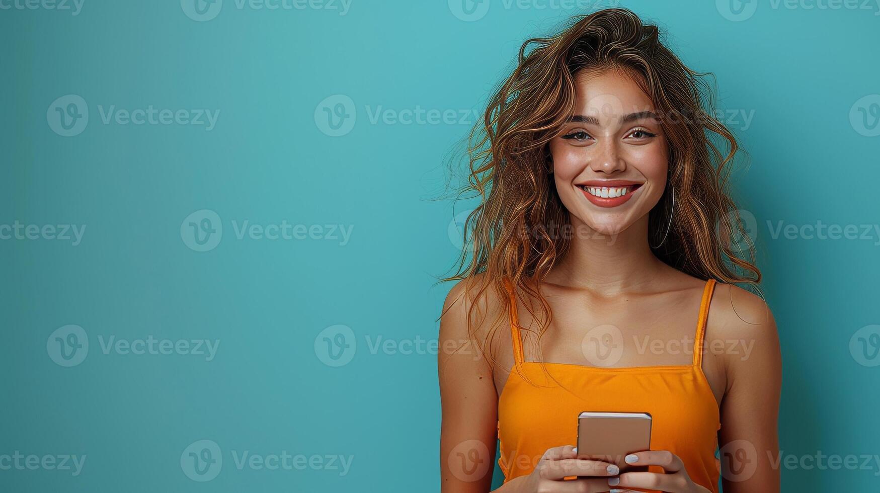 AI Generated Pretty young latina girl holding smart phone device, doing online shopping on cell, using apps on phone standing isolated on blue background. photo