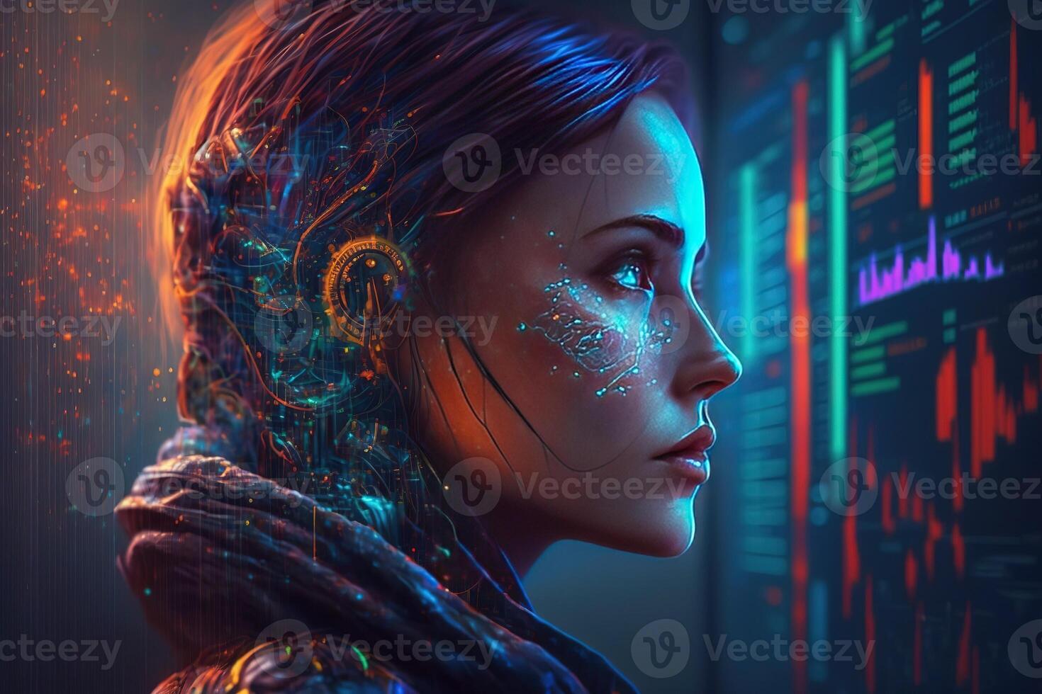 AI Generated Face of artificial intelligence.Futuristic, modern illustration. Innovative technologies. Generative ai photo