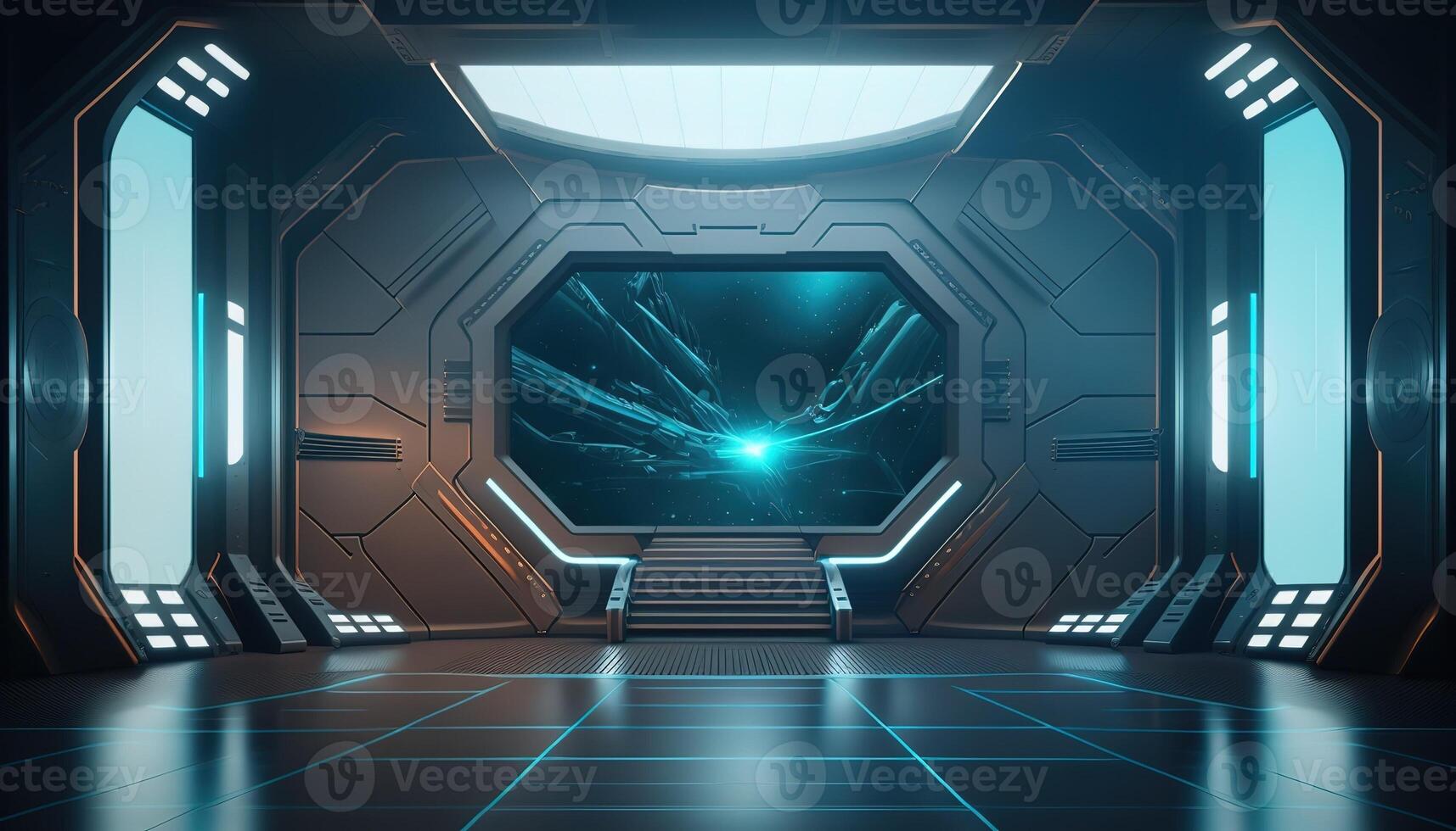 AI Generated Futuristic portal. Science fiction podium, pedestal, platform. Modern empty cyberpunk space. Technological background. Sky-fi digital hi-tech elements for presentation product. AI photo