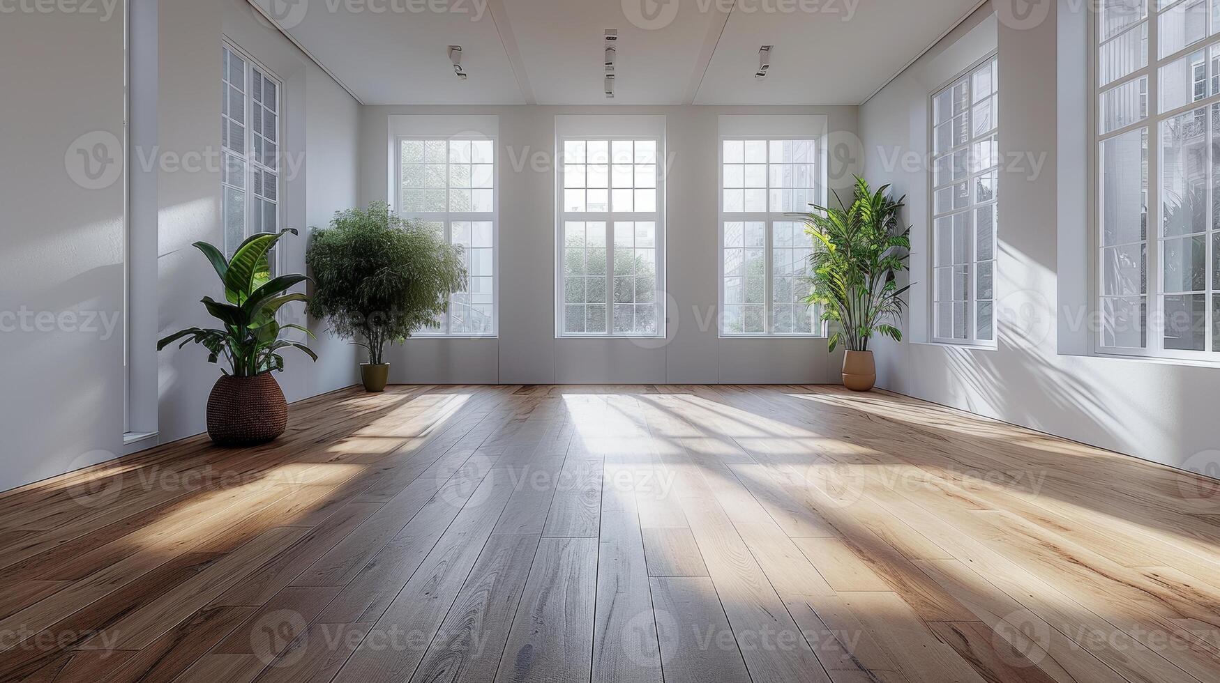 AI Generated 3D rendering of a modern empty room with wooden flooring and large white plain walls. photo