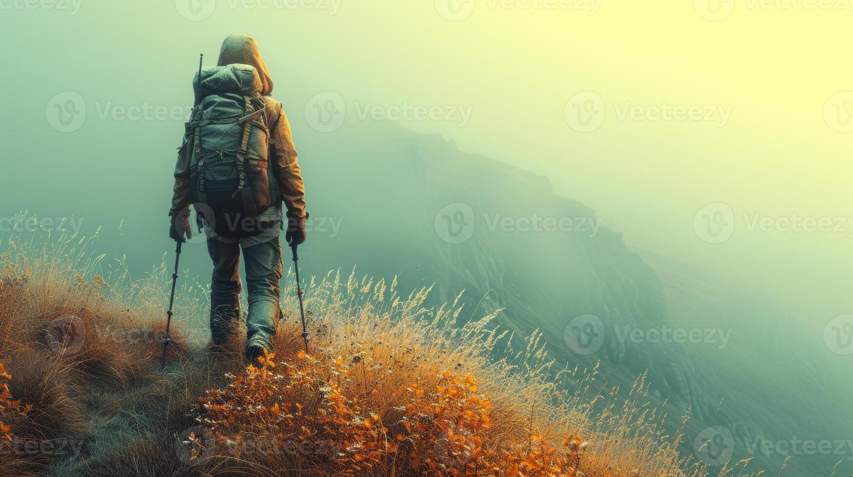 AI Generated In spring or autumn hiking on a mountain meadow in the Lusatian mountains. Hiker, backpacking on top of a mountain cliff landscape and trekking in it. photo