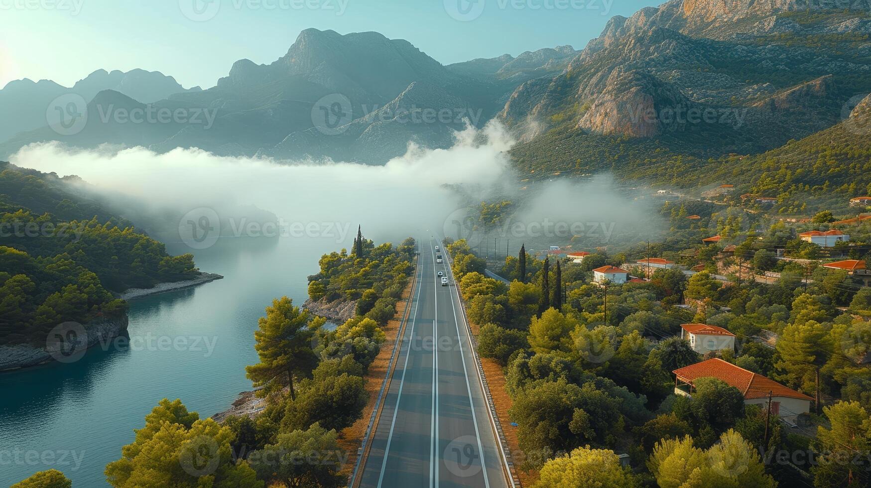 AI Generated Sunrise with low clouds and fog among the mountains in the foreground. photo