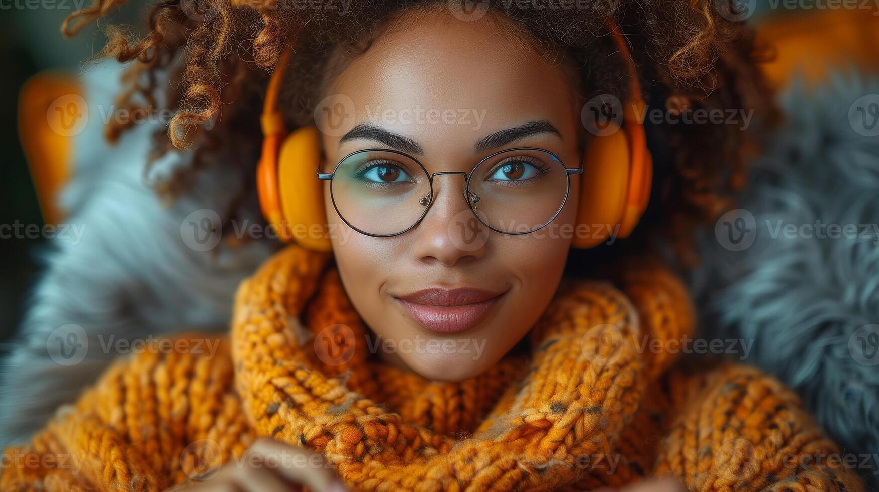 AI Generated Woman with tablet and listening to music isolated on gray background. Gen z person on digital technology, audio and electronics. photo