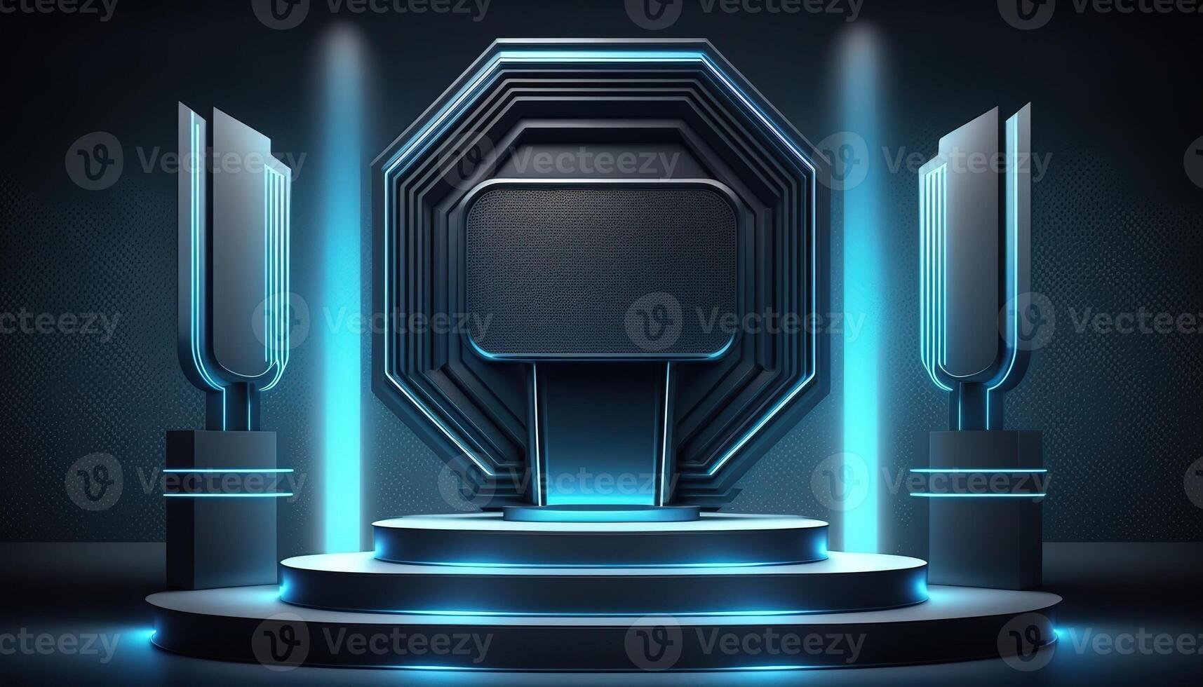 AI Generated Futuristic portal. Science fiction podium, pedestal, platform. Modern empty cyberpunk space. Technological background. Sky-fi digital hi-tech elements for presentation product. AI photo