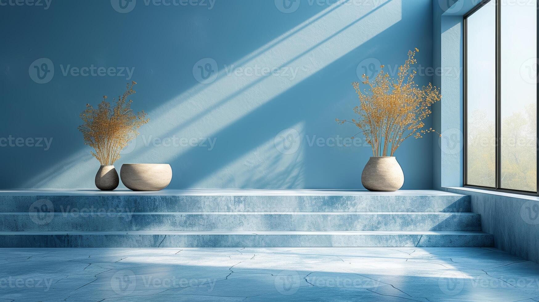 AI Generated An empty podium on a blue background with shadows and light. A mockup for presenting a product. photo