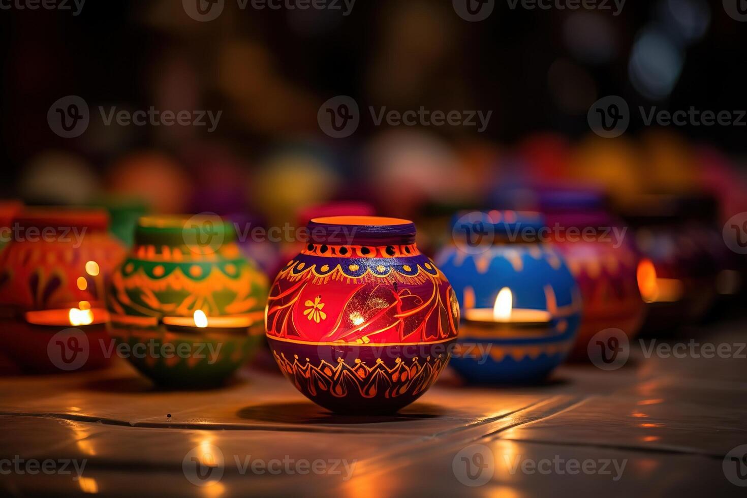 AI Generated Happy Diwali - Clay Diya lamps lit during Diwali photo