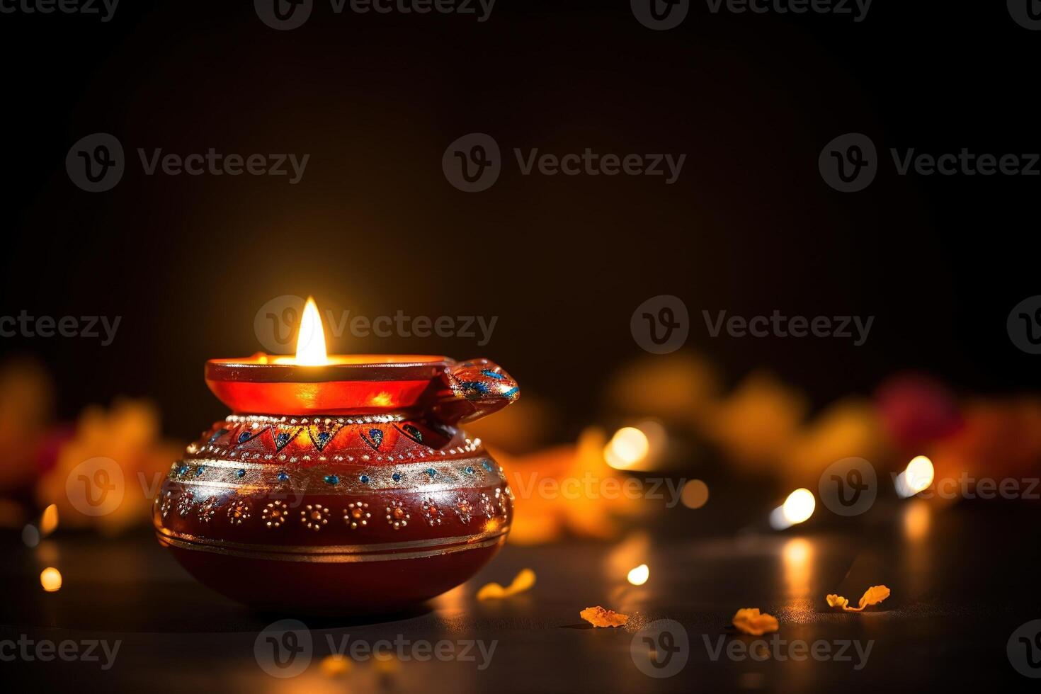 AI Generated Colorful Diya lamps lit during Diwali celebration photo