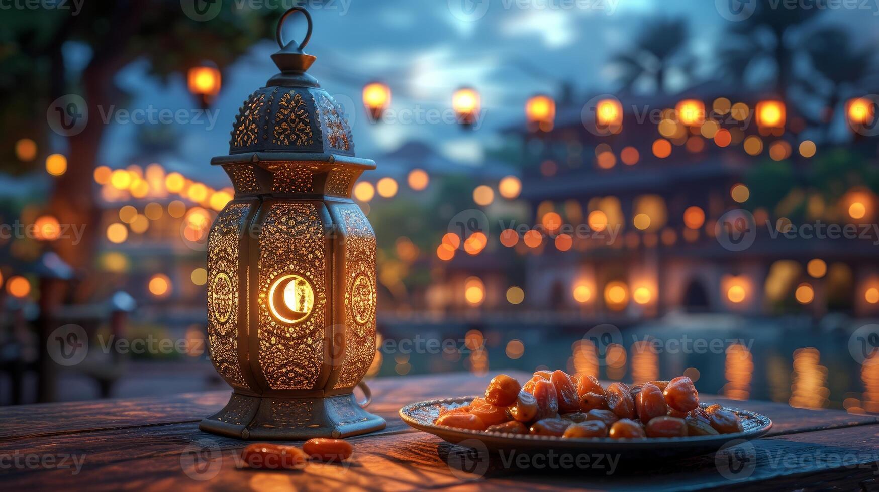 AI Generated This lantern has a moon symbol on top, and there is a small plate of dates fruit on top with light from the night sky and city bokeh background for the Muslim feast of Ramadan Kareem. photo