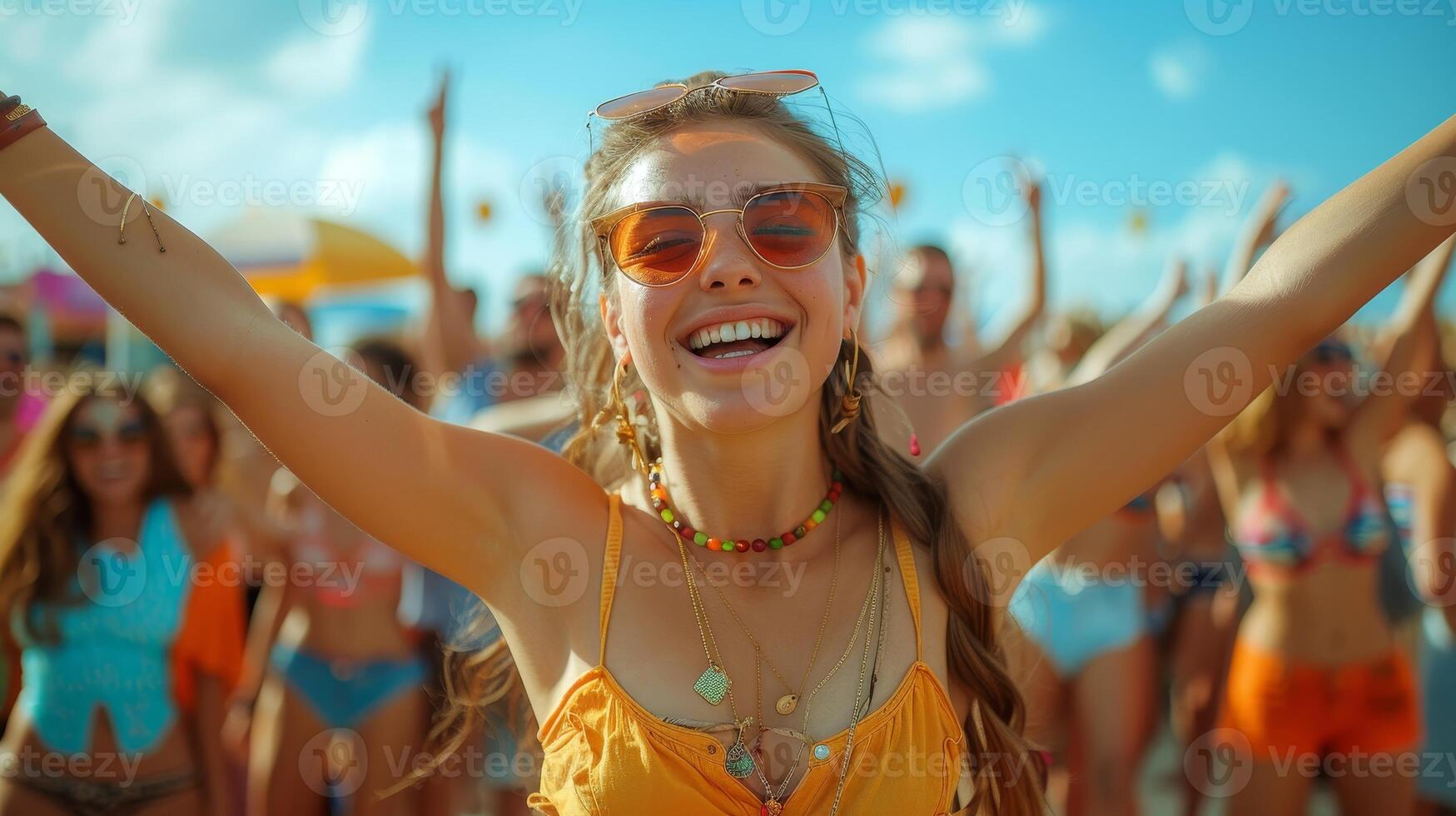 AI Generated In this photo, 35mm film grain is used intentionally to accentuate the sense of friendship and celebration at a summer music festival. photo