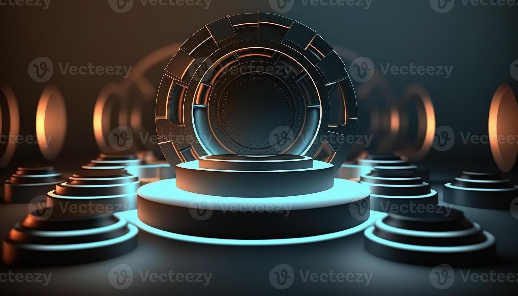 AI Generated Futuristic portal. Science fiction podium, pedestal, platform. Modern empty cyberpunk space. Technological background. Sky-fi digital hi-tech elements for presentation product. AI photo