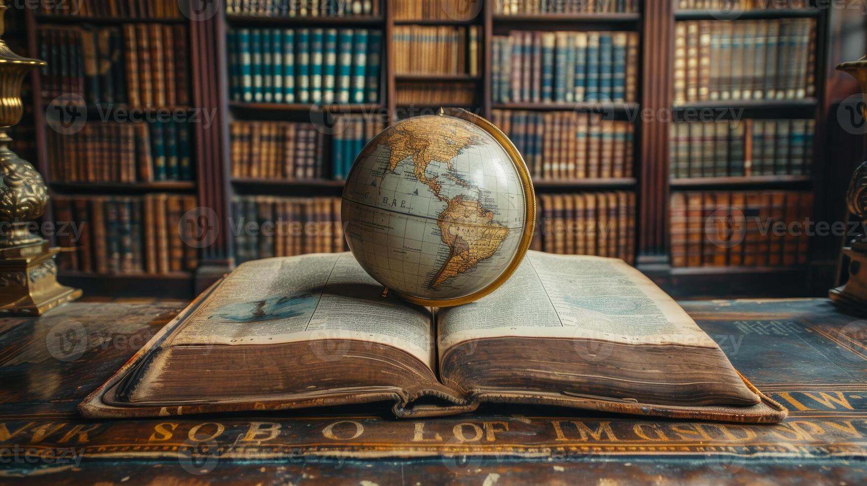 AI Generated Against a background of bookshelves in a library, an old globe lies on an open book. Selective focus. Retro style. Description. Education history and geography team, science, education photo