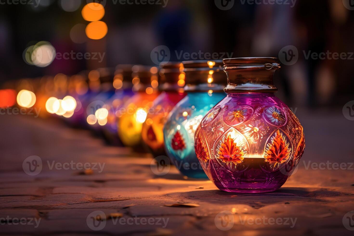 AI Generated Happy Diwali - Diya oil lamps lit during celebration photo