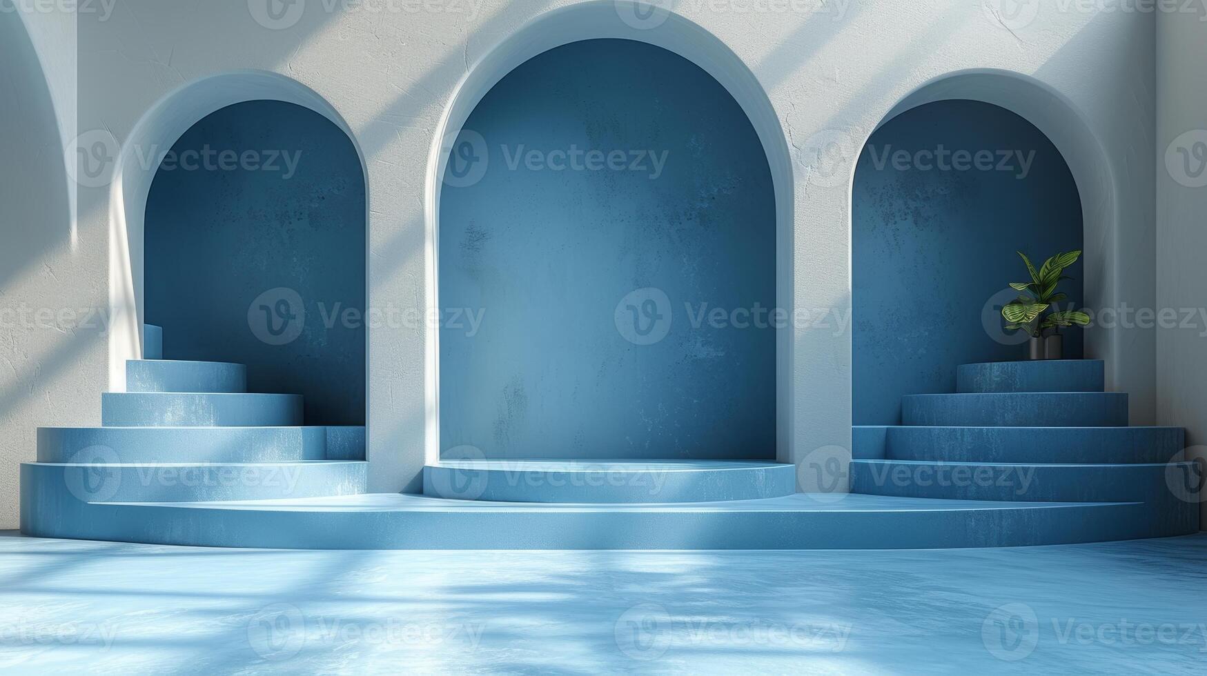 AI Generated A blue background with shadows and light. Empty podiums. Mockup. photo