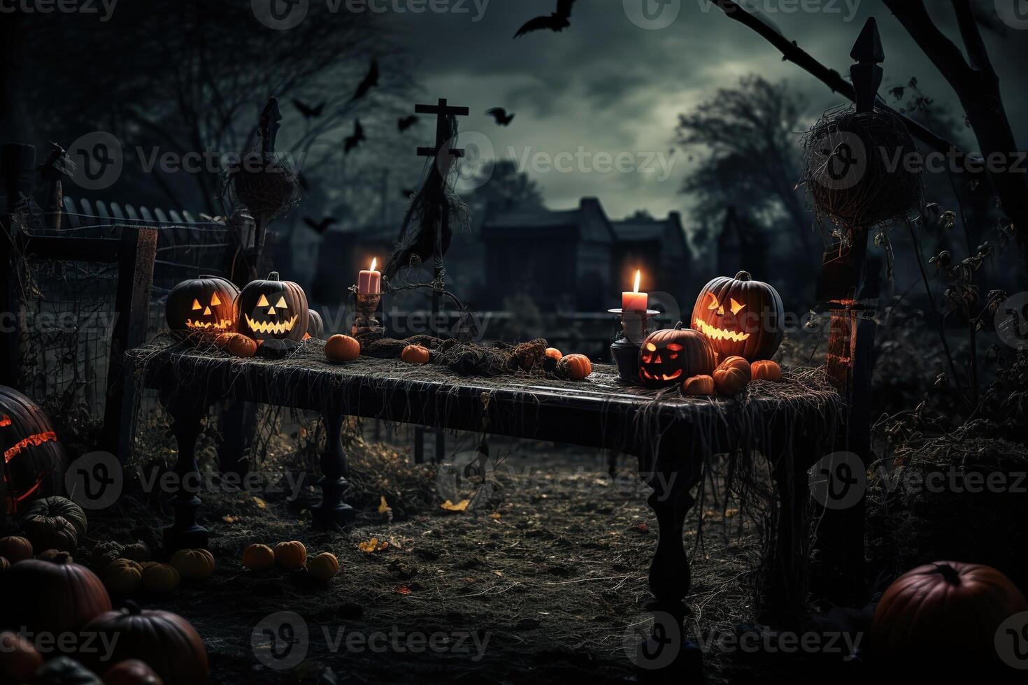 AI Generated Halloween concept, gloomy forest and cemetery photo