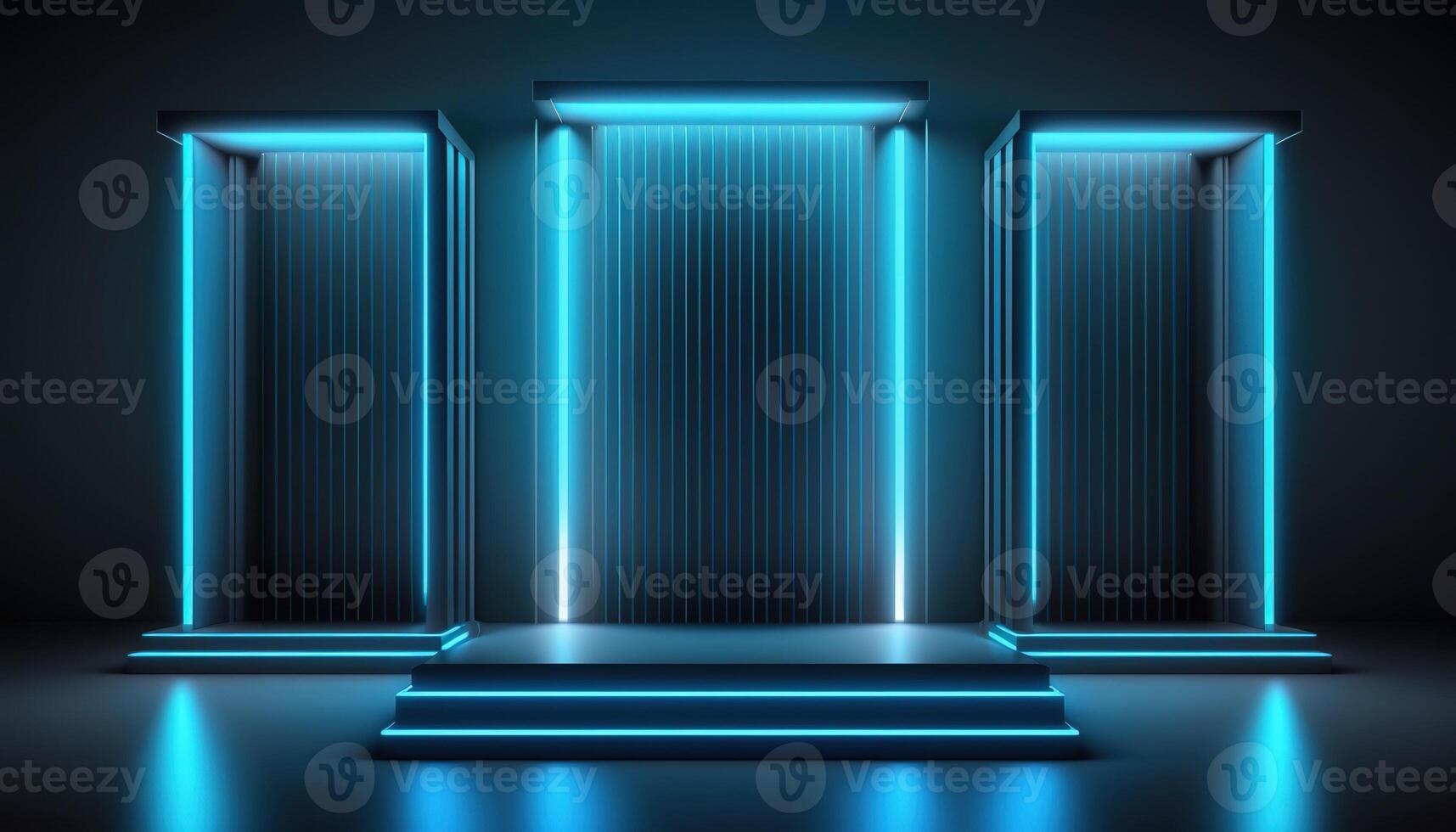 AI Generated Futuristic portal. Science fiction podium, pedestal, platform. Modern empty cyberpunk space. Technological background. Sky-fi digital hi-tech elements for presentation product. AI photo